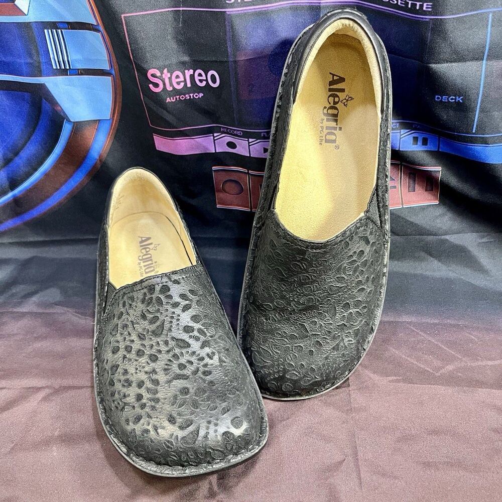 ALEGRIA Debra Black Floral Pattern Leather Shoes DEB-435 Women's EU 39 US 8.5